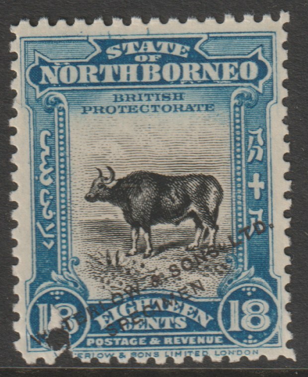 North Borneo 1909 Printers sample of 18c Pictorial in black & blue opt'd 'Waterlow & Sons Specimen' with small security punch hole on ungummed paper (as SG 175), stamps on heraldry, stamps on arms, stamps on  kg5 , stamps on 