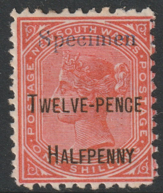 New South Wales 1891 QV Surcharged 12.5d on 1s overprinted SPECIMEN  with gum SG 268s, stamps on 