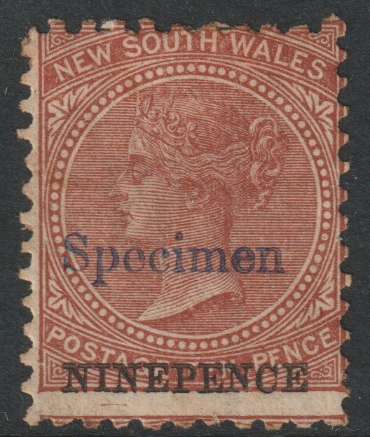 New South Wales 1871 QV Surcharged 9d on 10d overprinted SPECIMEN  without gum, SG 220gs, stamps on 