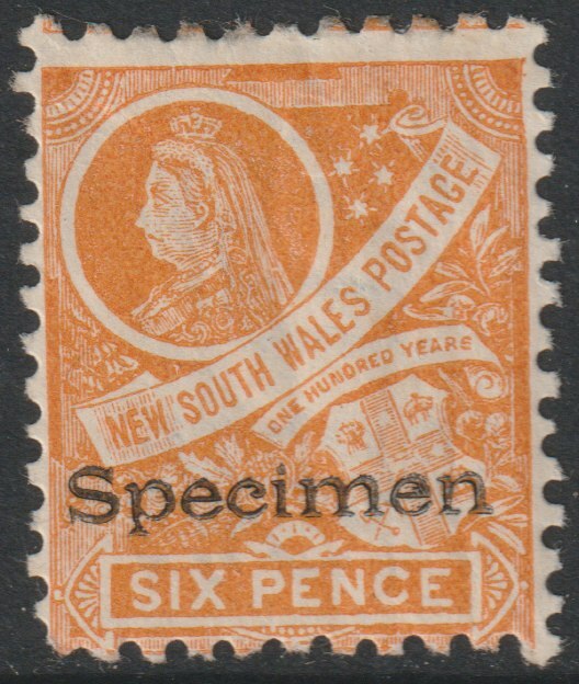 New South Wales 1898 QV Pictorial 6d overprinted SPECIMEN  with gum, SG 397gs, stamps on 