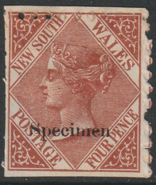 New South Wales 1871 QV Surcharged 4d overprinted SPECIMEN  without gum and trimmed perfs, SG 214s, stamps on 