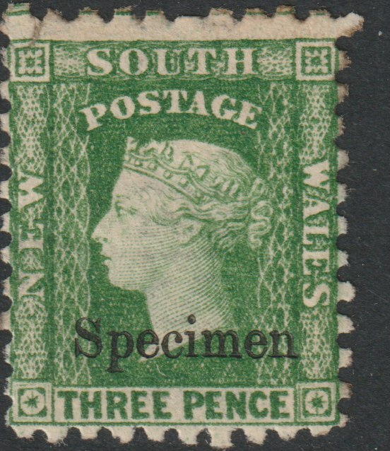 New South Wales 1856 QV  3d green overprinted SPECIMEN  with gum, SG Type 16, stamps on 