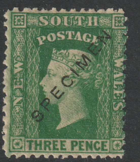 New South Wales 1856 QV  3d green overprinted SPECIMEN  with gum but overall toning, SG Type 16, stamps on 