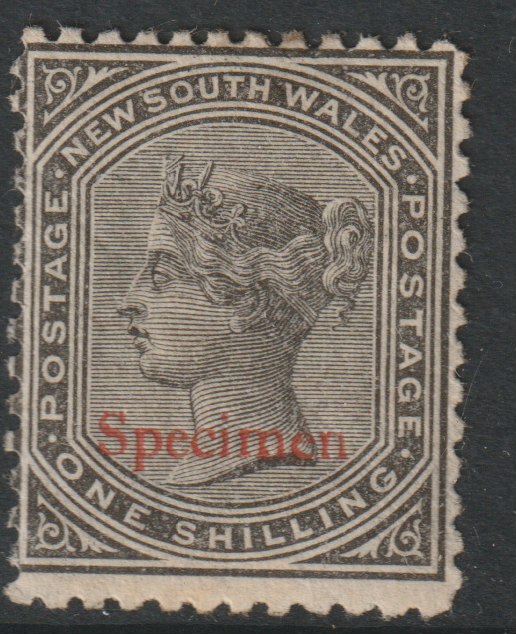 New South Wales 1871 QV  1s black overprinted SPECIMEN  with gum, SG Type 38, stamps on 
