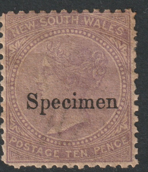 New South Wales 1867 QV  10d lilac overprinted SPECIMEN  with gum but toned, SG Type 34, stamps on 