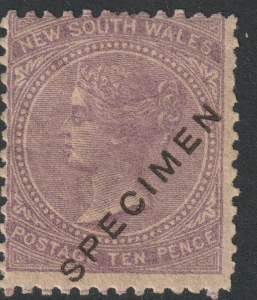 New South Wales 1867 QV  10d lilac overprinted SPECIMEN  with gum but light overall toning, SG Type 34, stamps on 