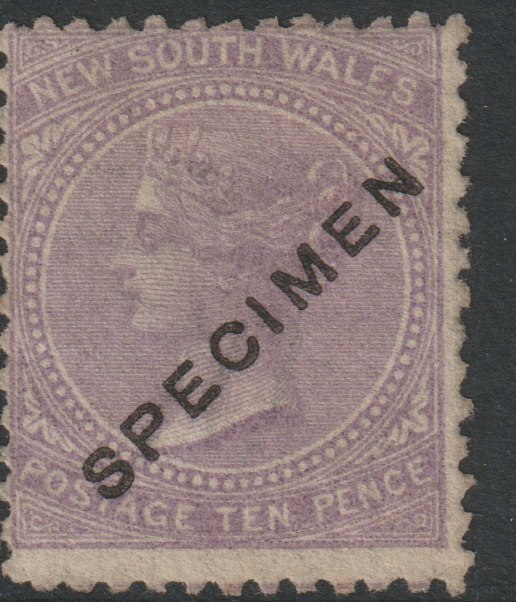 New South Wales 1867 QV  10d lilac overprinted SPECIMEN  without gum SG Type 34, stamps on 
