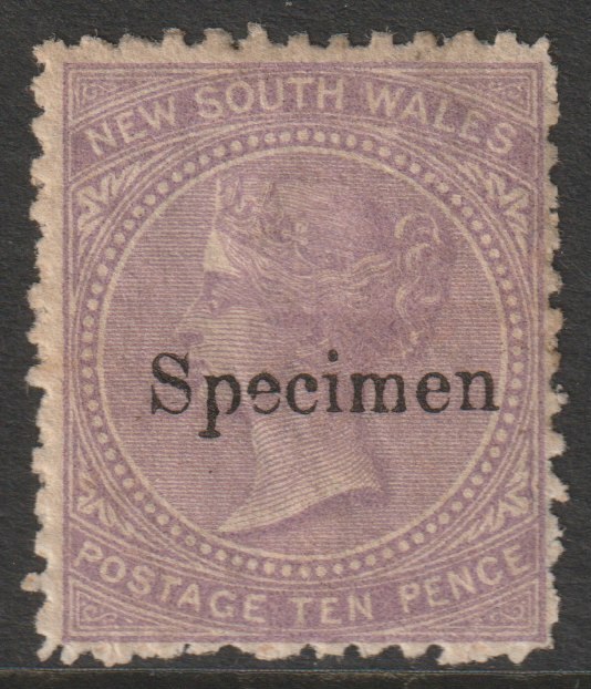New South Wales 1867 QV  10d lilac overprinted SPECIMEN  with gum SG Type 34, stamps on 