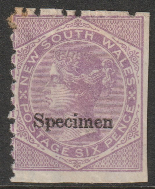 New South Wales 1871 QV  6d mauve overprinted SPECIMEN  without gum and trimmed perfs SG Type 37, stamps on 