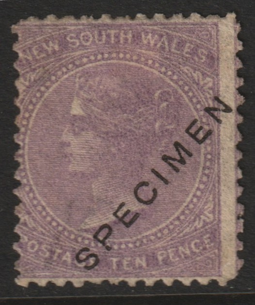 New South Wales 1867 QV  10d lilac overprinted SPECIMEN  with gum SG Type 34, stamps on 