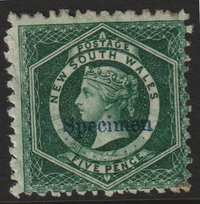 New South Wales 1854 QV  5d green overprinted SPECIMEN  with gum SG Type 11, stamps on 