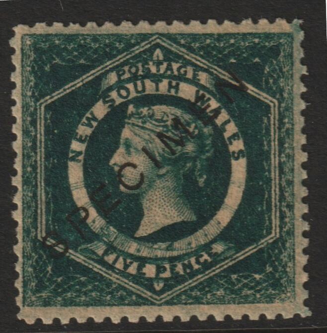 New South Wales 1854 QV  5d green overprinted SPECIMEN  with gum but toned SG Type 11, stamps on 