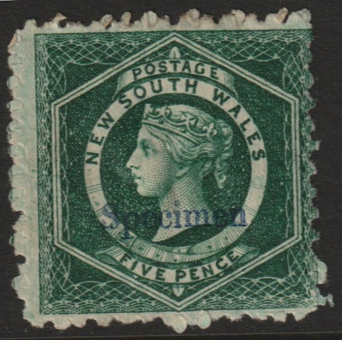 New South Wales 1854 QV  5d green overprinted SPECIMEN  without gum SG Type 11, stamps on 