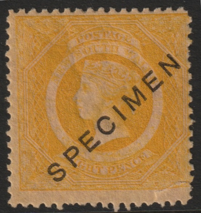 New South Wales 1854 QV  6d yellow overprinted SPECIMEN  with gum SG Type 13, stamps on 