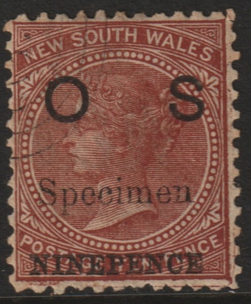 New South Wales 1879 QV  OS 9d on 10d overprinted SPECIMEN  with gum but light overall toning SG O11s, stamps on 