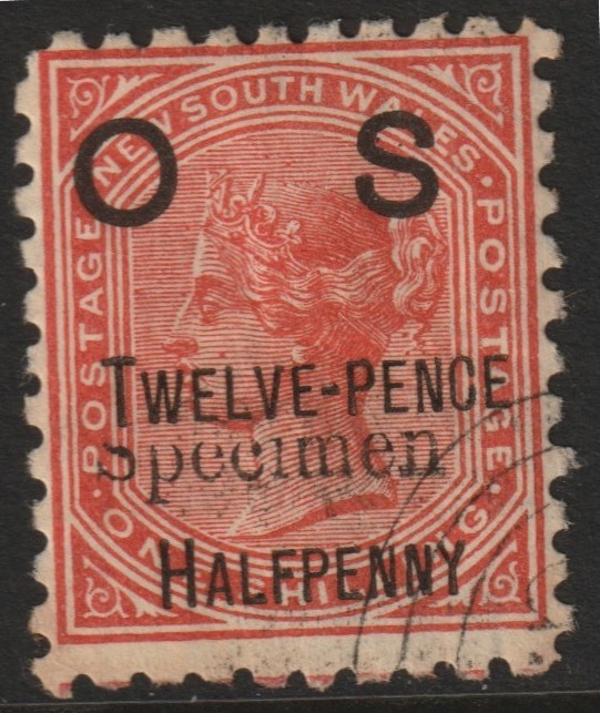 New South Wales 1891 QV  OS 12.5d on 1s overprinted SPECIMEN  with gum but some rust spots SG O57s, stamps on 
