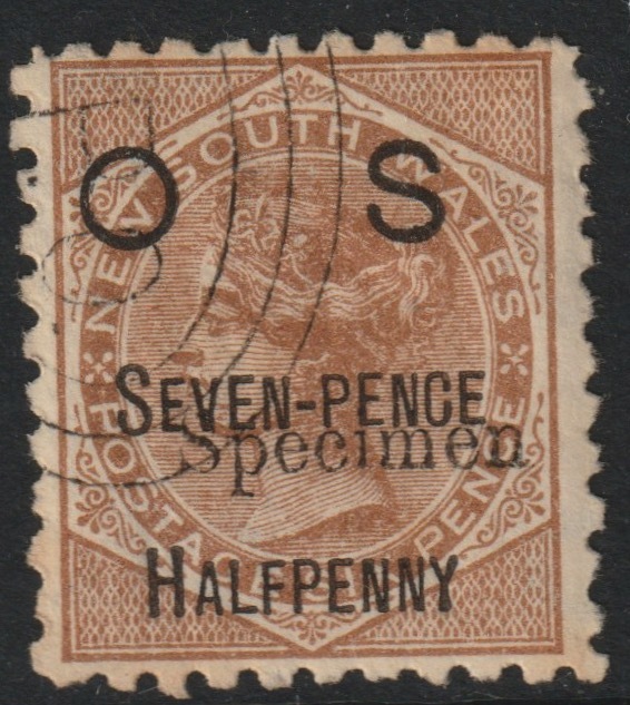New South Wales 1891 QV  OS 7.5d on 6d overprinted SPECIMEN  with gum and cancelled with concentric circles SG O56s, stamps on 