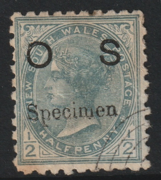 New South Wales 1892 QV  OS 1/2d grey overprinted SPECIMEN  poor gum and cancelled with concentric circles corner fault, SG O58s, stamps on 