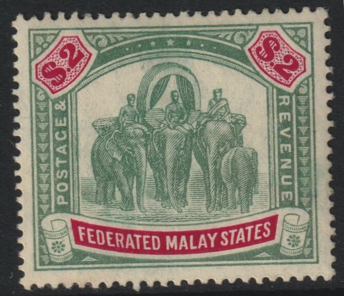 Malaya - FMS 1904 Elephants MCA $2 green & carmine well centred and fresh mint SG 49, stamps on , stamps on  stamps on elephants