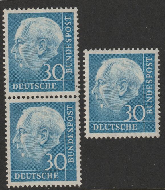 Germany - West 1954 President Heusse 30pf blue (20x24 mm) fine unmounted mint SG 1113, stamps on 