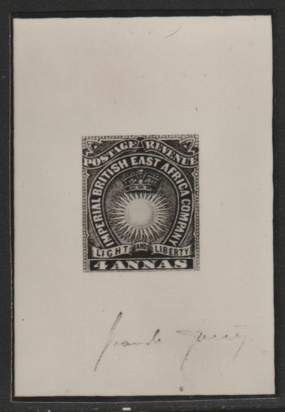 British East Africa Photographic print from Speratis own negative of 1890 Light & Liberty 4a signed die proof, produved by British Philatelic Association, stamps on forgeries