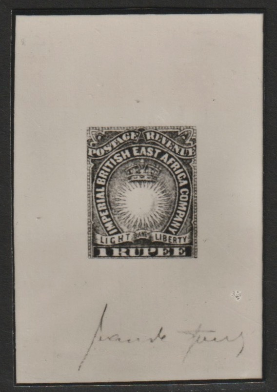 British East Africa Photographic print from Speratis own negative of 1890 Light & Liberty 1r signed die proof, produved by British Philatelic Association, stamps on forgeries
