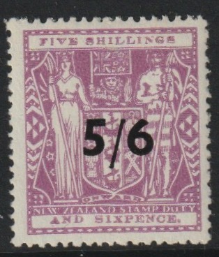 New Zealand 1940 Postal Fiscal 5s6d on 5s6d lilac lightly mounted mint SG F214 cat Â£70, stamps on 