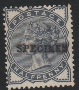 Great Britain 1883 QV 1/2d slate-blue wmk Imperial Crown handstamped SPECIMEN  without gumt SG 187s, stamps on , stamps on  stamps on , stamps on  stamps on  qv , stamps on  stamps on 