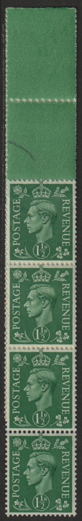 Great Britain 1951 KG6 New Colours 1.5d pale green a fine unmounted mint coil end with 4 stamps attached, stamps on , stamps on  stamps on , stamps on  stamps on  kg6 , stamps on  stamps on 