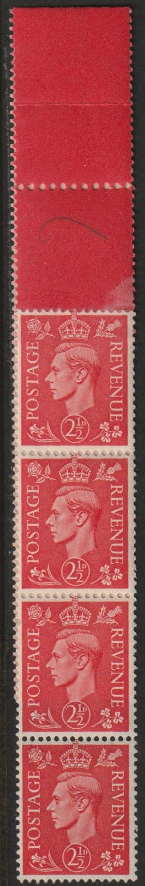 Great Britain 1951 KG6 New Colours 2.5d pale scarlet a fine unmounted mint coil end with 4 stamps attached, stamps on , stamps on  kg6 , stamps on 