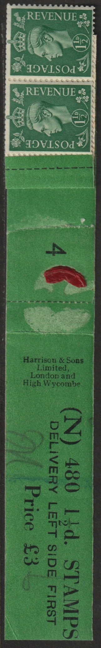 Great Britain 1951 KG6 New Colours 1.5d pale green a fine unmounted mint coil (N) leader  (4) with 2 stamps attached, stamps on , stamps on  kg6 , stamps on 