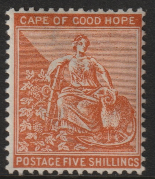Cape of Good Hope 1896 Hope 5s  brown-orange lightly mounted mint SG 68, stamps on 