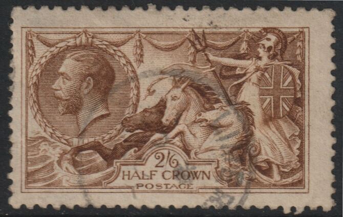 Great Britain 1915 Seahorse 2s6d yellow-brown by De La Rue well centred with good perfs and light parcel cancel SG 406, stamps on , stamps on  kg5 , stamps on 