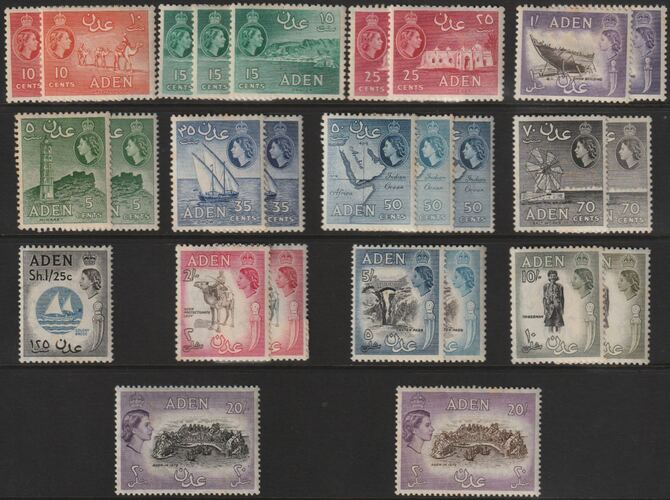 Aden 1953 Pictorial set of 25 including shades to Â£1 (2) all unmounted mint but most values affected by foxing, SG 48-72 cat Â£160, stamps on 