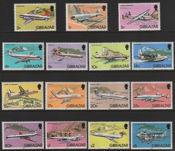 Gibraltar 1982 Aircraft complete set of 15 to Â£5 unmounted mint, SG 460-74, stamps on aviation