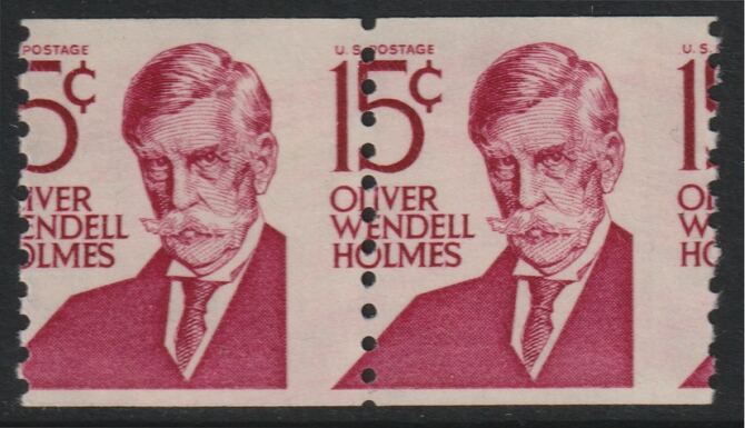 United States 1965 Wendell Holmes (writer) 15c mint coil pair with 4mm shift of vertical perfs, stamps on literature