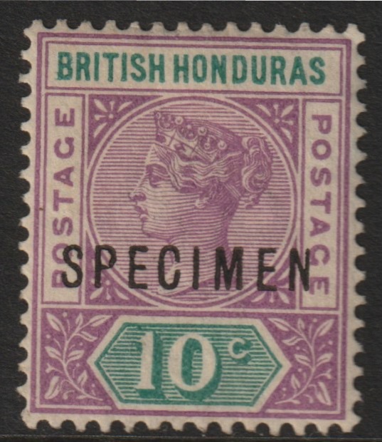 British Honduras 1895 QV 10c overprinted SPECIMEN with Split P variety (position 29) with gum, stamps on specimens