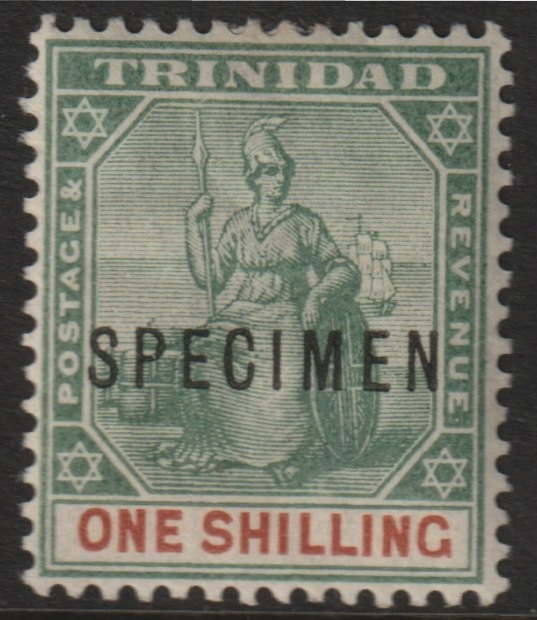 Trinidad 1896 Britannia 1s overprinted SPECIMEN with Split P variety (position 29) with gum, stamps on specimens