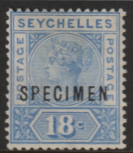 Seychelles 1897 QV 18c overprinted SPECIMEN with Split P variety (position 29) without gum, stamps on specimens