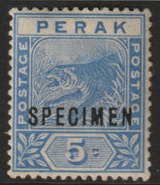 Malaya - Perak 1892 Tiger 5c overprinted SPECIMEN with ME Flaws (position 44) with gum, stamps on specimens