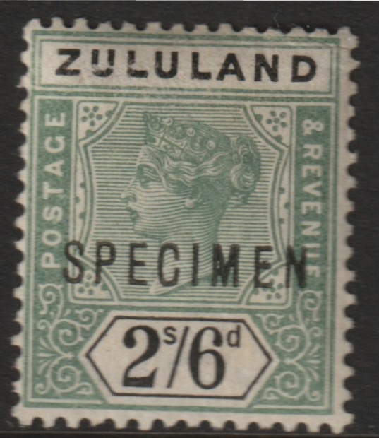 Zululand 1896 QV 2s6d overprinted SPECIMEN with ME Flaws (position 44) with gum, stamps on specimens