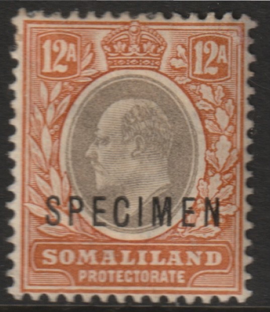 Somaliland 1904 KE7 12a overprinted SPECIMEN with ME Flaws (position 44) with gum, stamps on specimens