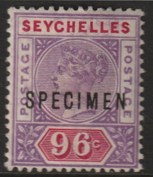 Seychelles 1890 QV 96c overprinted SPECIMEN with Spur on M variety (Occurs in positions 5, 23, 53 & 59) with gum, stamps on specimens