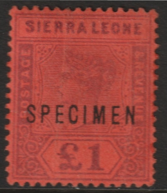 Sierra Leone  1896 QV Â£1 overprinted SPECIMEN with Spur on M variety (Occurs in positions 5, 23, 53 & 59) with gum, stamps on specimens