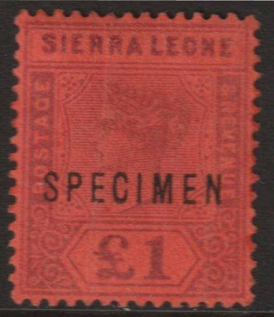 Sierra Leone  1896 QV £1 overprinted SPECIMEN with Spur on M variety (Occurs in positions 5, 23, 53 & 59) with gum, stamps on , stamps on  stamps on specimens