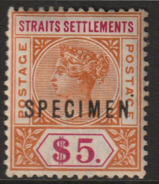 Malaya - Straits Settlements 1898 QV $5 overprinted SPECIMEN with Spur on M variety (Occurs in positions 5, 23, 53 & 59) with gum, stamps on , stamps on  stamps on specimens