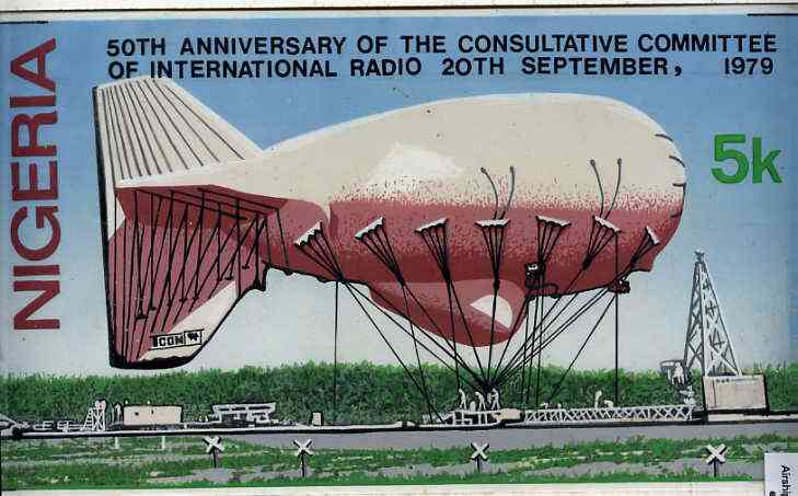Nigeria 1979 International Radio Committee - original hand-painted artwork for 5k value (Showing Radio Airship) on card 9 x 5 endorsed A2, stamps on aviation, stamps on airships, stamps on radio, stamps on communications