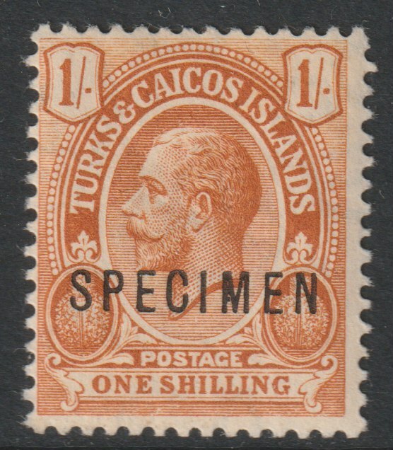 Turks & Caicos Islands 1913 KG5 1s overprinted SPECIMEN with Spur on M variety (Occurs in positions 5, 23, 53 & 59) with gum, stamps on specimens