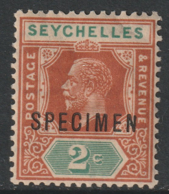 Seychelles 1921 KG5 2c overprinted SPECIMEN with Short Topped N variety (Position 54) with gum, stamps on specimens