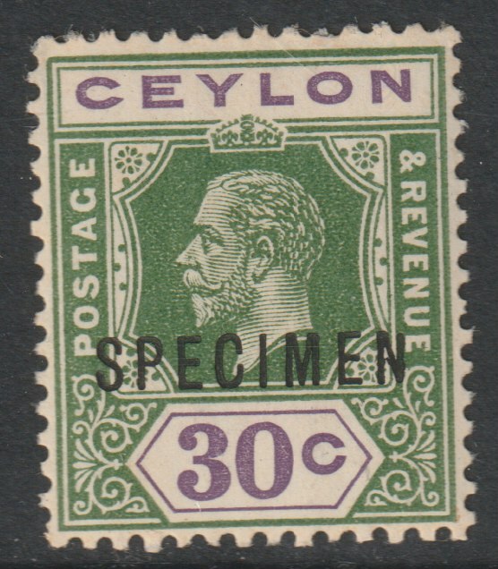 Ceylon 1912 KG5 30c overprinted SPECIMEN with Short Topped N variety (Position 54) with gum, stamps on specimens